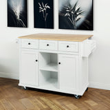 Kitchen trolley with rubber wood leaf countertop, 5-wheel kitchen island, storage cabinet