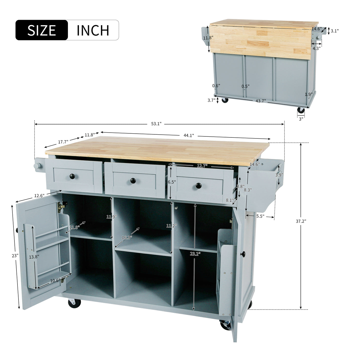 Kitchen handcart with rubber wood leaf countertop, storage cabinet, shelf