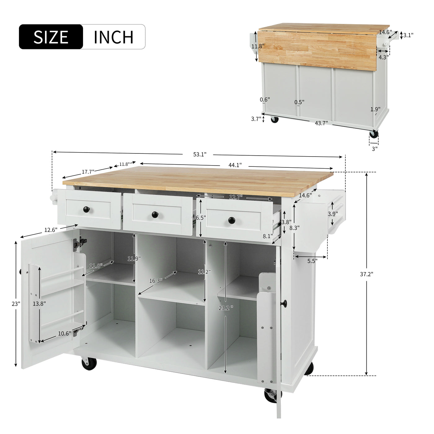 Kitchen trolley with rubber wood leaf countertop, 5-wheel kitchen island, storage cabinet