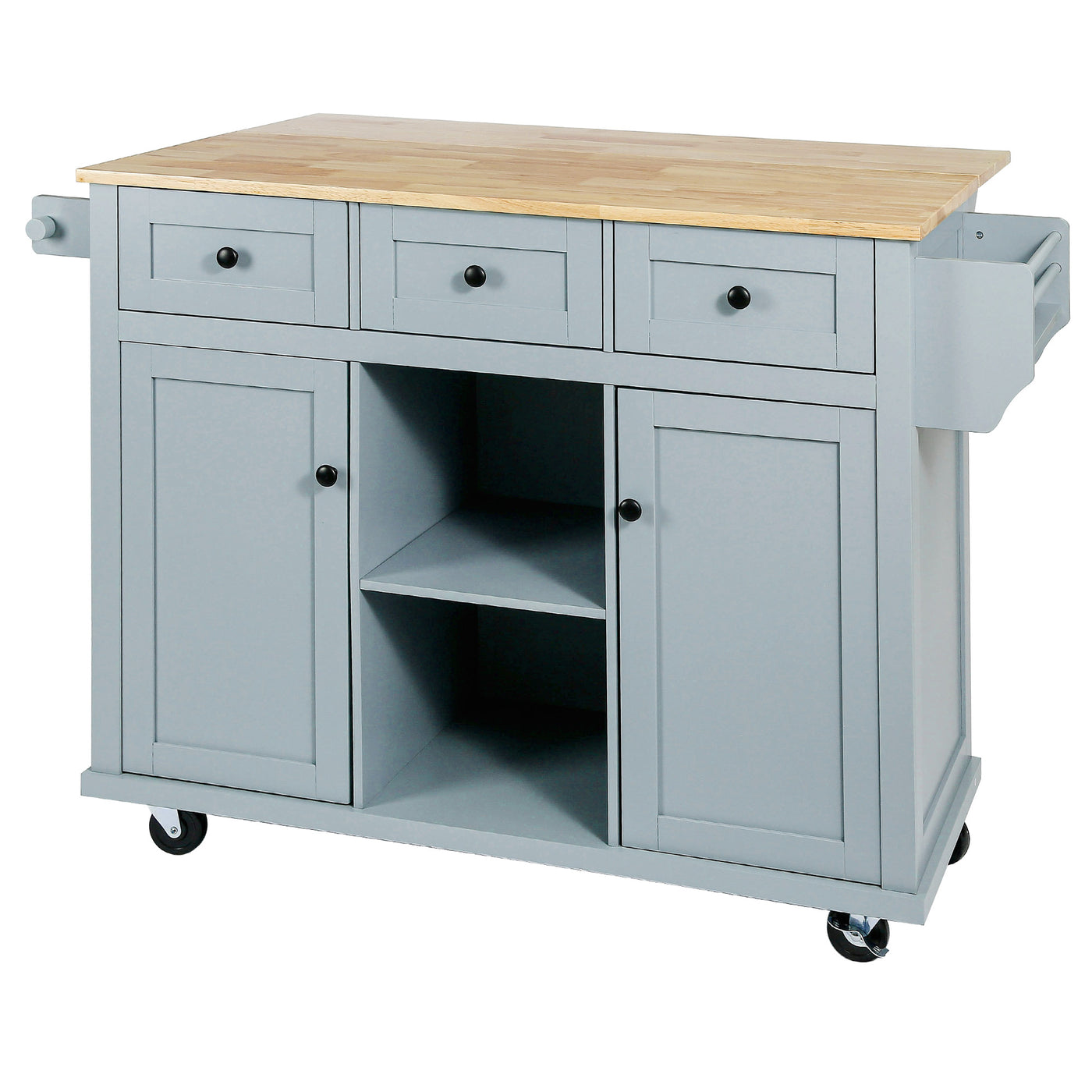 Kitchen handcart with rubber wood leaf countertop, storage cabinet, shelf