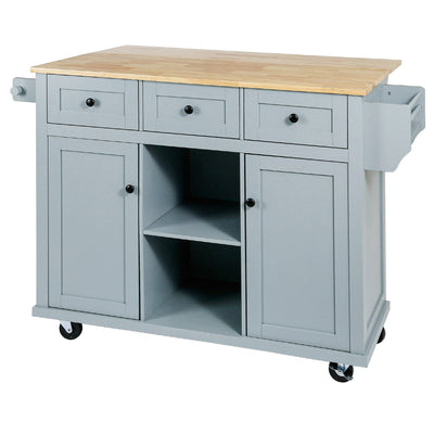 Kitchen handcart with rubber wood leaf countertop, storage cabinet, shelf