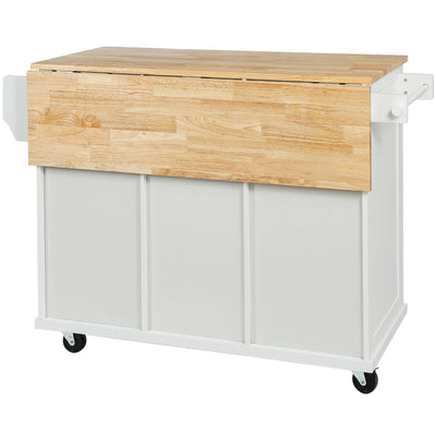 Kitchen trolley with rubber wood leaf countertop, 5-wheel kitchen island, storage cabinet