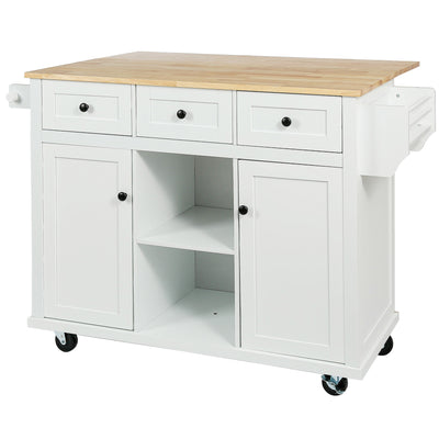 Kitchen trolley with rubber wood leaf countertop, 5-wheel kitchen island, storage cabinet