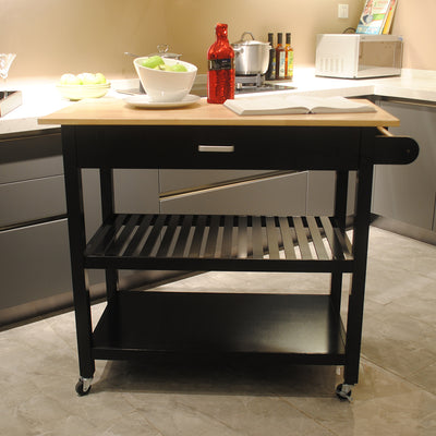 Mobile Kitchen Island with Two Lockable Wheels Rubber Wood Top