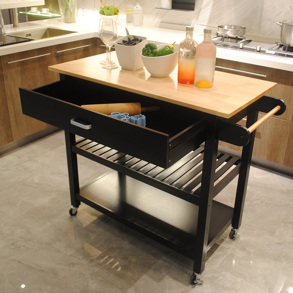 Mobile Kitchen Island with Two Lockable Wheels Rubber Wood Top