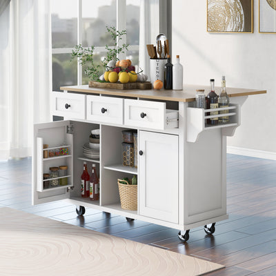 Kitchen trolley with rubber wood leaf countertop, 5-wheel kitchen island, storage cabinet