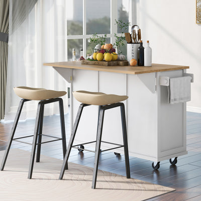 Kitchen trolley with rubber wood leaf countertop, 5-wheel kitchen island, storage cabinet