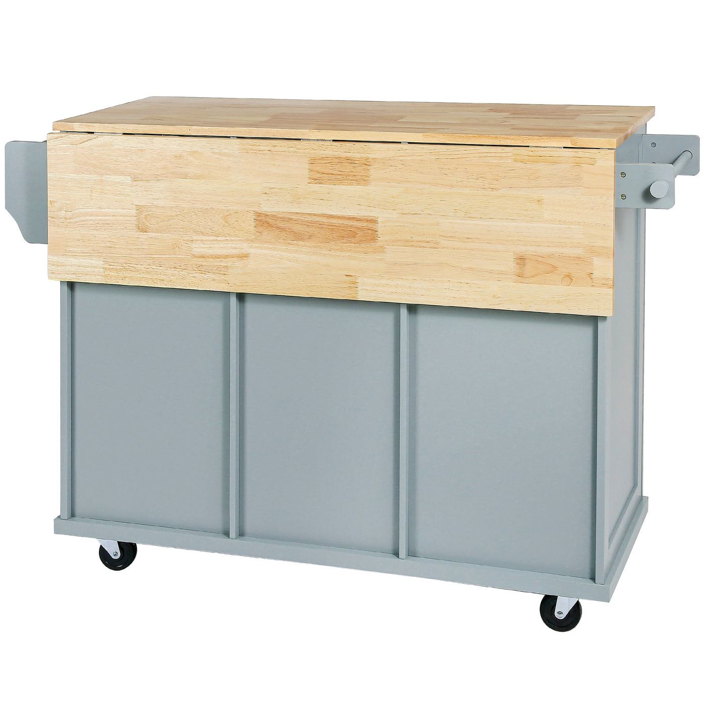 Kitchen handcart with rubber wood leaf countertop, storage cabinet, shelf
