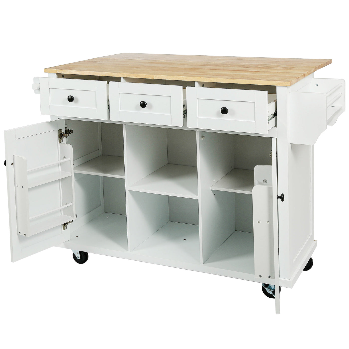Kitchen trolley with rubber wood leaf countertop, 5-wheel kitchen island, storage cabinet