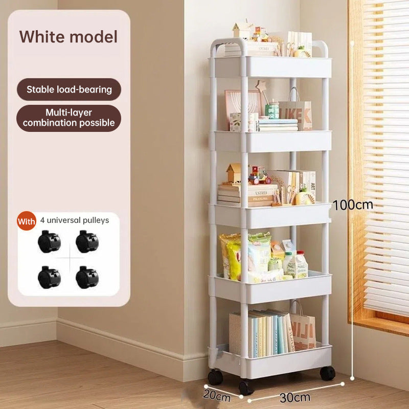 White rolling storage cart. Multifunctional, open shelves for books, ideal for kitchen & bedroom storage