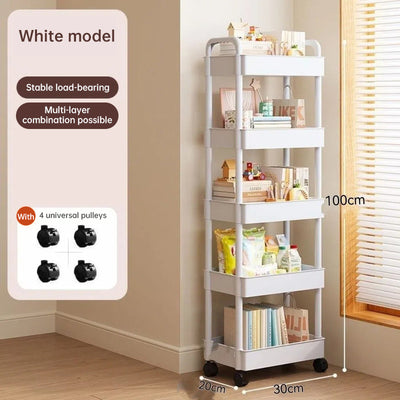 White rolling storage cart. Multifunctional, open shelves for books, ideal for kitchen & bedroom storage