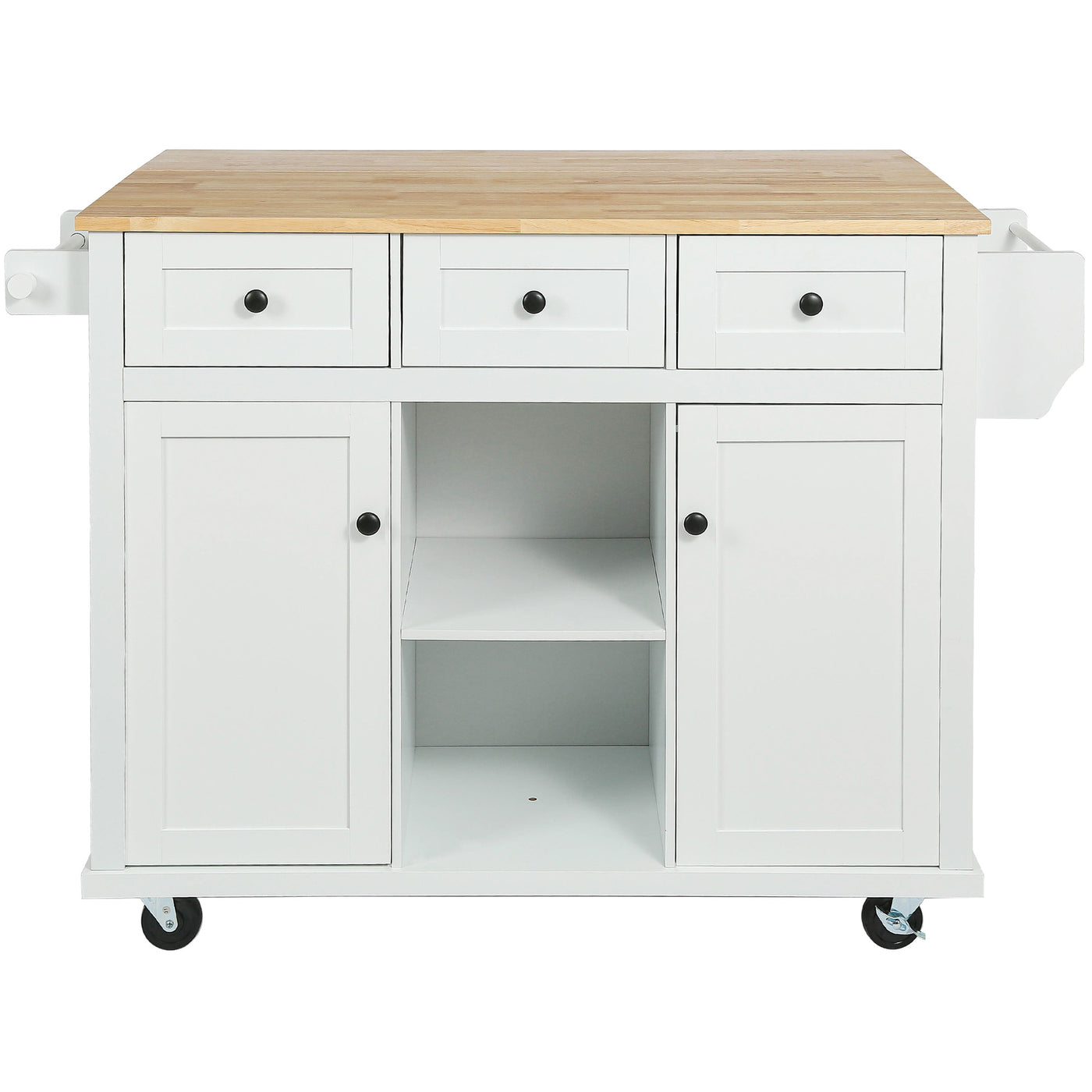 Kitchen trolley with rubber wood leaf countertop, 5-wheel kitchen island, storage cabinet