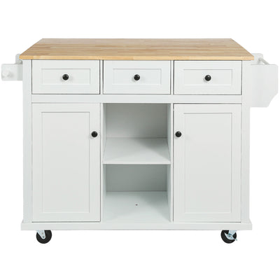 Kitchen trolley with rubber wood leaf countertop, 5-wheel kitchen island, storage cabinet