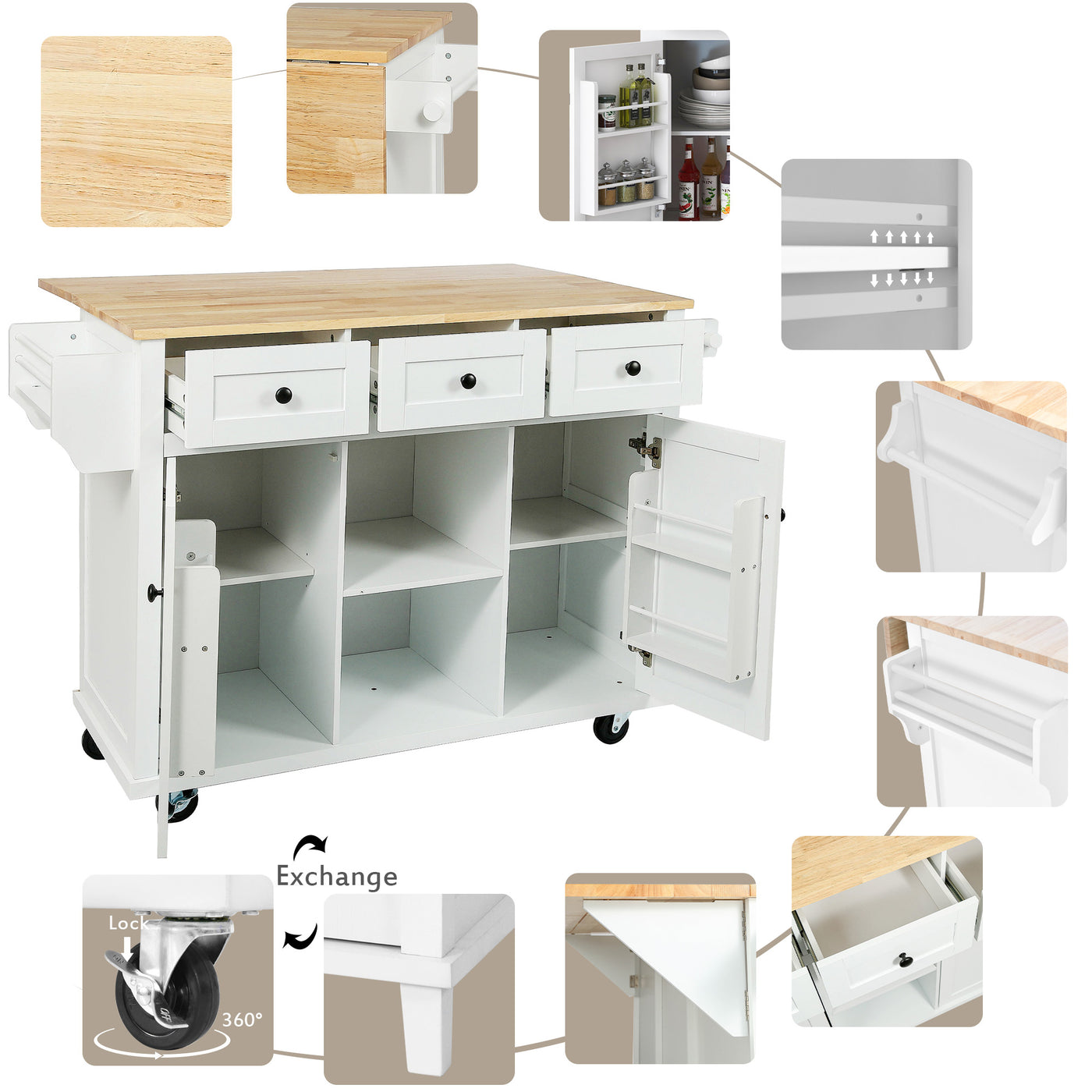 Kitchen trolley with rubber wood leaf countertop, 5-wheel kitchen island, storage cabinet