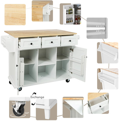 Kitchen trolley with rubber wood leaf countertop, 5-wheel kitchen island, storage cabinet