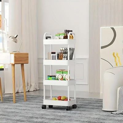 White rolling storage cart. Multifunctional, open shelves for books, ideal for kitchen & bedroom storage
