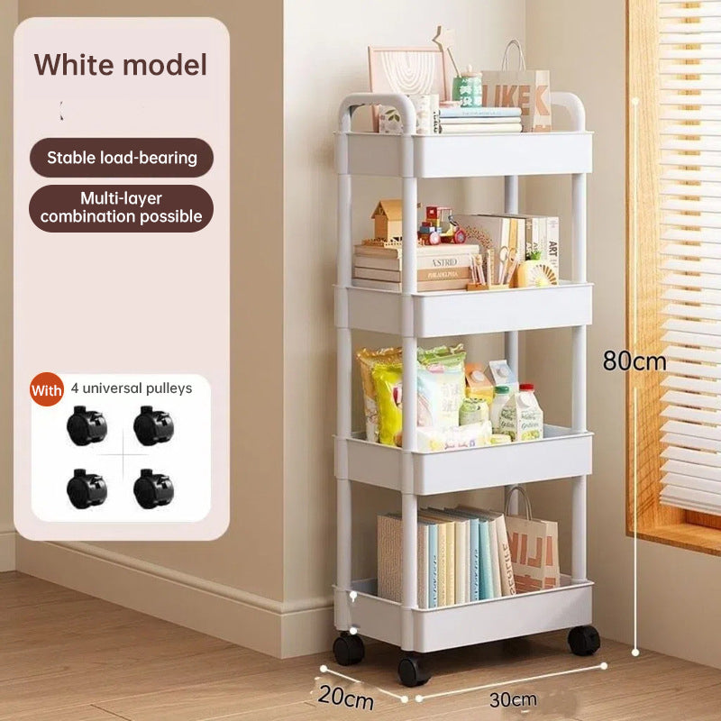 White rolling storage cart. Multifunctional, open shelves for books, ideal for kitchen & bedroom storage
