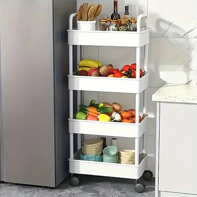 White rolling storage cart. Multifunctional, open shelves for books, ideal for kitchen & bedroom storage